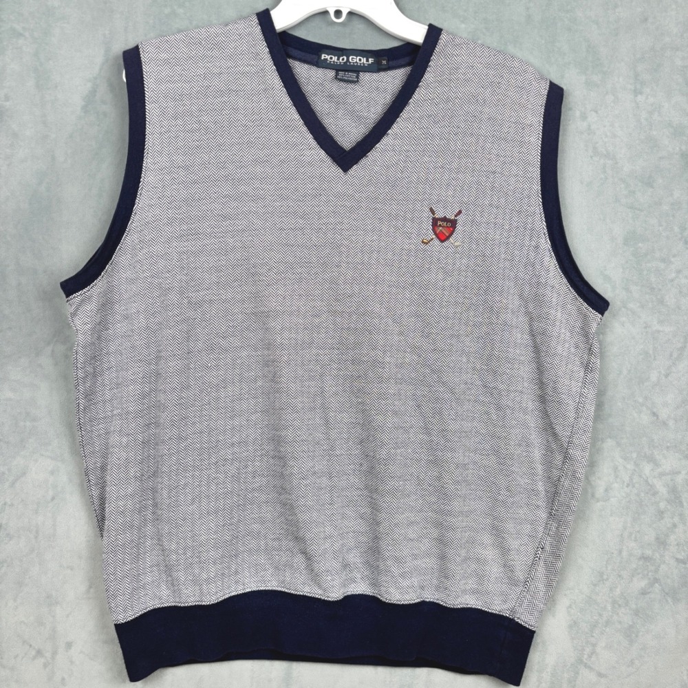 Polo Golf Ralph Lauren Mens Herringbone V-Neck Sweater Vest Navy White Medium